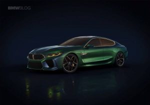 緑の BMW スポーツカーが暗いスタジオに駐車されており、柔らかな照明がその洗練されたデザインを際立たせています。.