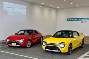 白い壁の屋内ショールームに赤い車と黄色い車が並んで駐車されています。.
