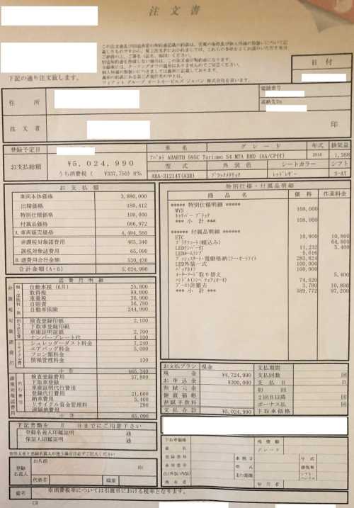 Mysで発注したアバルト 595c ツーリズモ S4 の正式な契約書 購入金額 Bmwとabarth 夢の２台持ちの社長ですがなにか