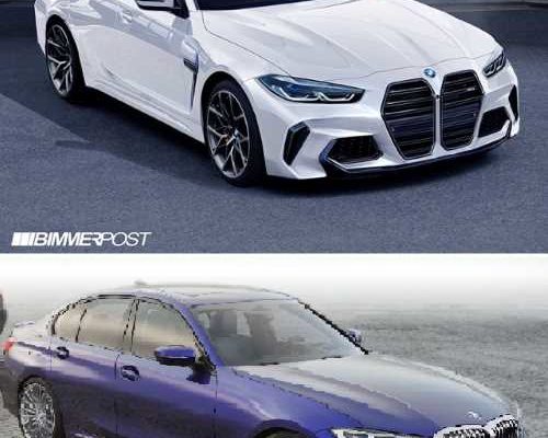上：スポーティなデザインの白いBMWセダン。下：濡れた路面に駐車された青いBMWセダン。.