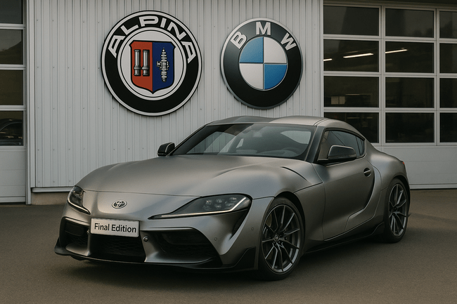 アルピナとBMWの看板の前に「Final Edition」と書かれたマットグレーのトヨタ スープラが駐車されています。.
