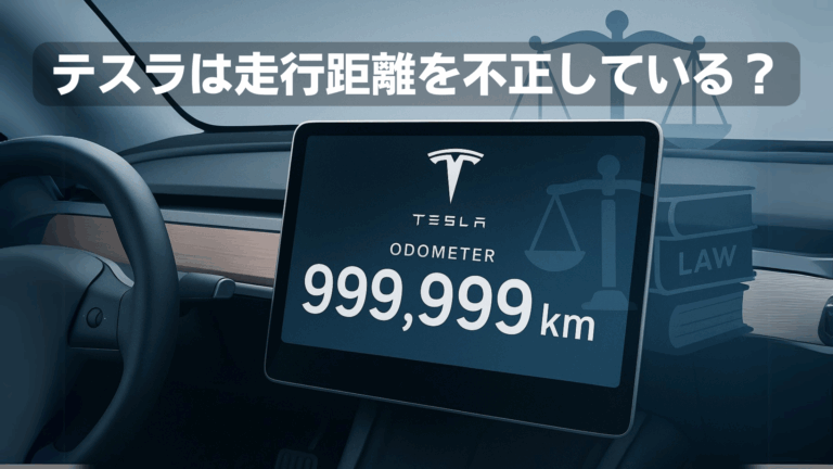 テスラ車と思われる車の運転席に大きなモニターに走行距離が表示され、丈夫にテスラは走行距離を不正している？と書かれている。