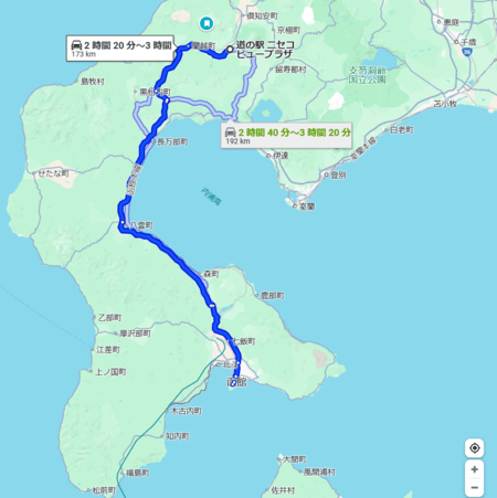 ニセコから函館までのマップ。