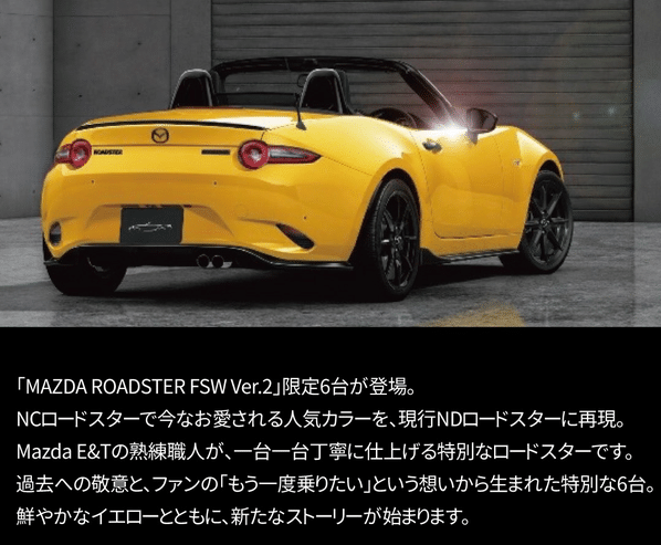 ガレージ内に停められた黄色い2人乗りオープンカーを後方から見た様子