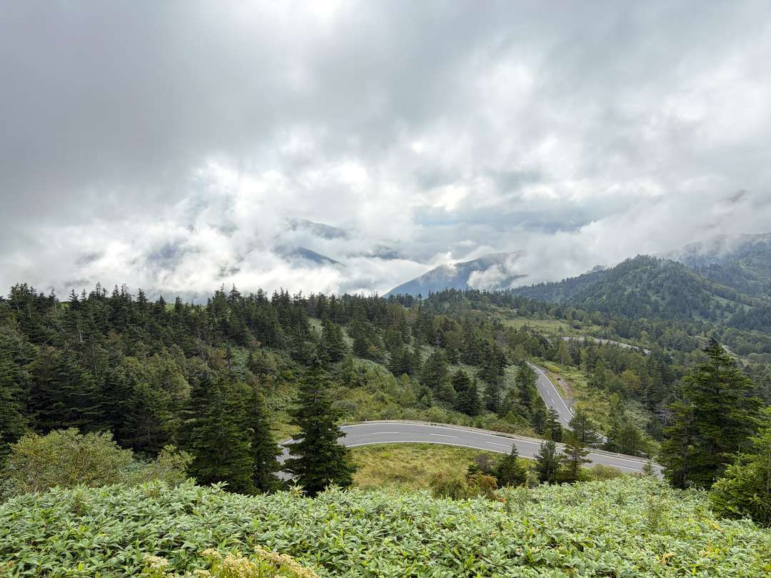 雲に覆われた山々と森林の中を曲がりくねって走る道路。