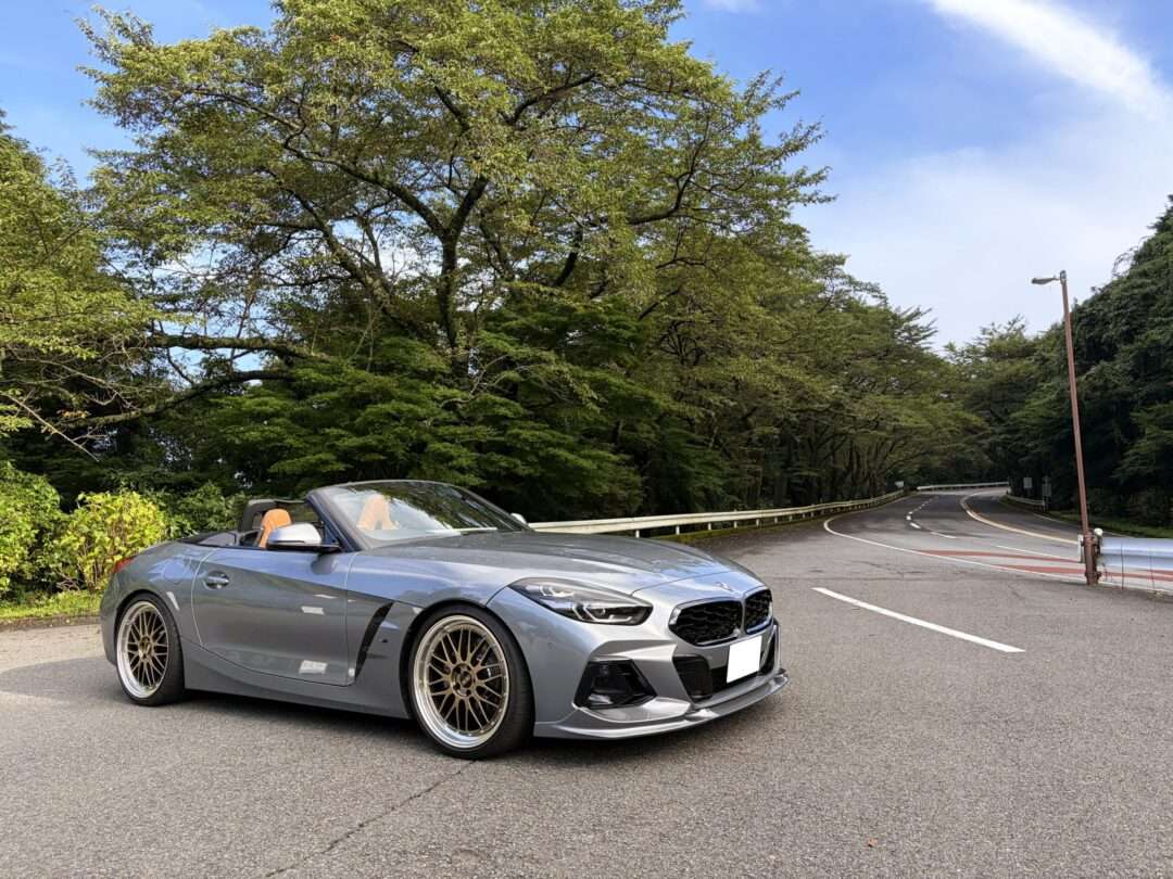 緑豊かな山道に停車する灰色のオープンカー